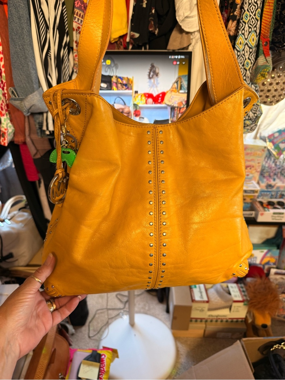 MK Mustard Yellow Stud-Accent Leather Shoulder Bag